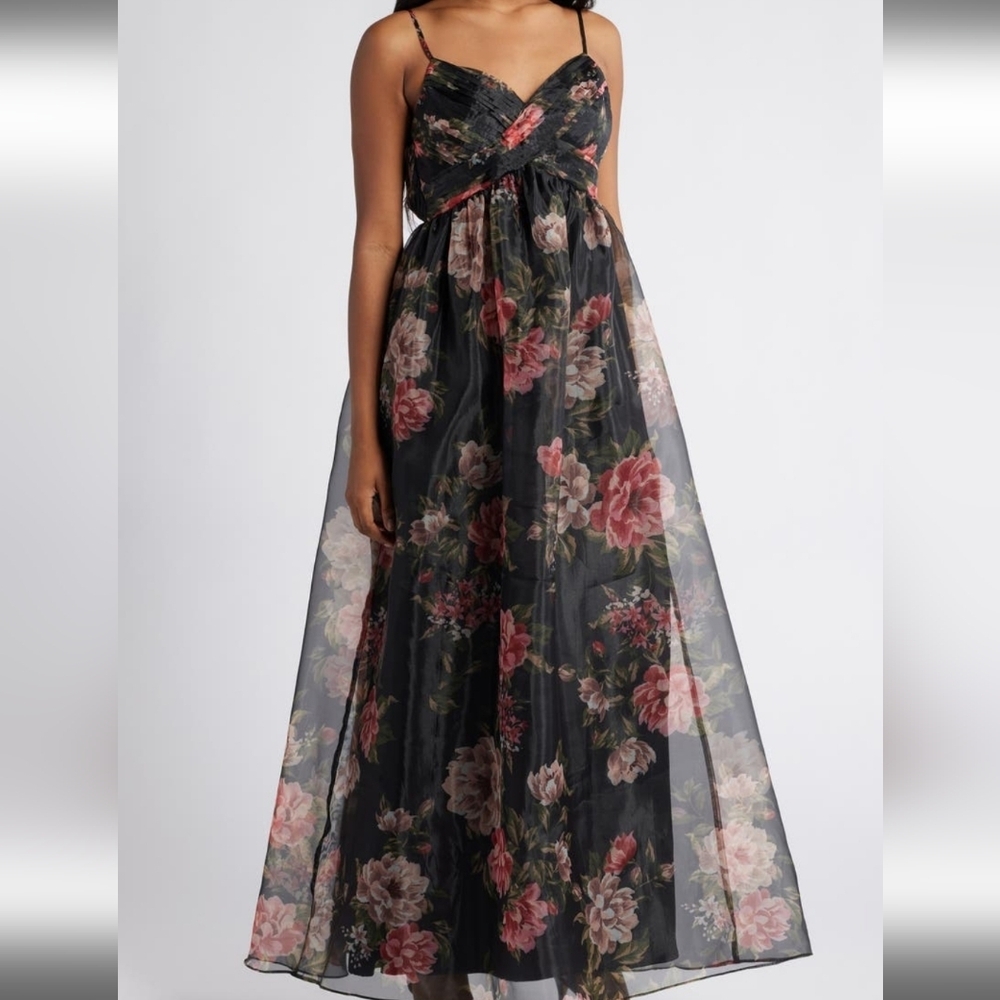 LULUS ORGANZA COCKTAIL DRESS BLACK FLORAL SIZE SMALL - Picture 2 of 15